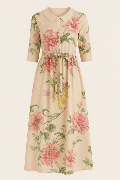 Vintage midi jurk met botanische bloemenprint en elegante uitstraling