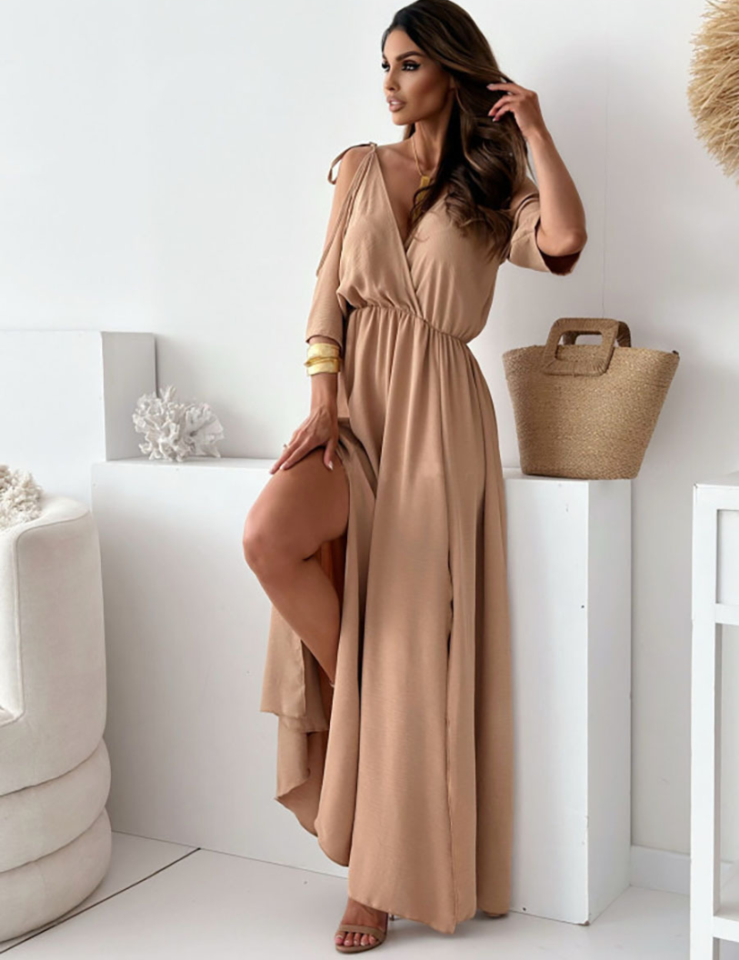 Maxi jurk met diepe v hals en open mouwen
