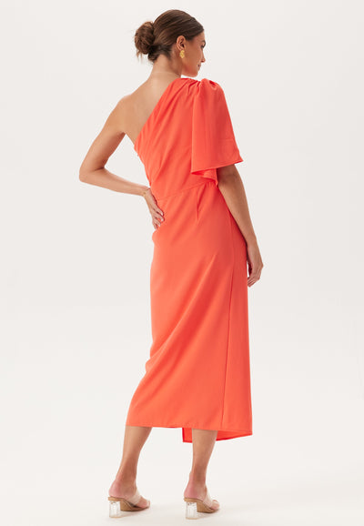 Midi jurk met één geplooide korte mouw en asymmetrisch design