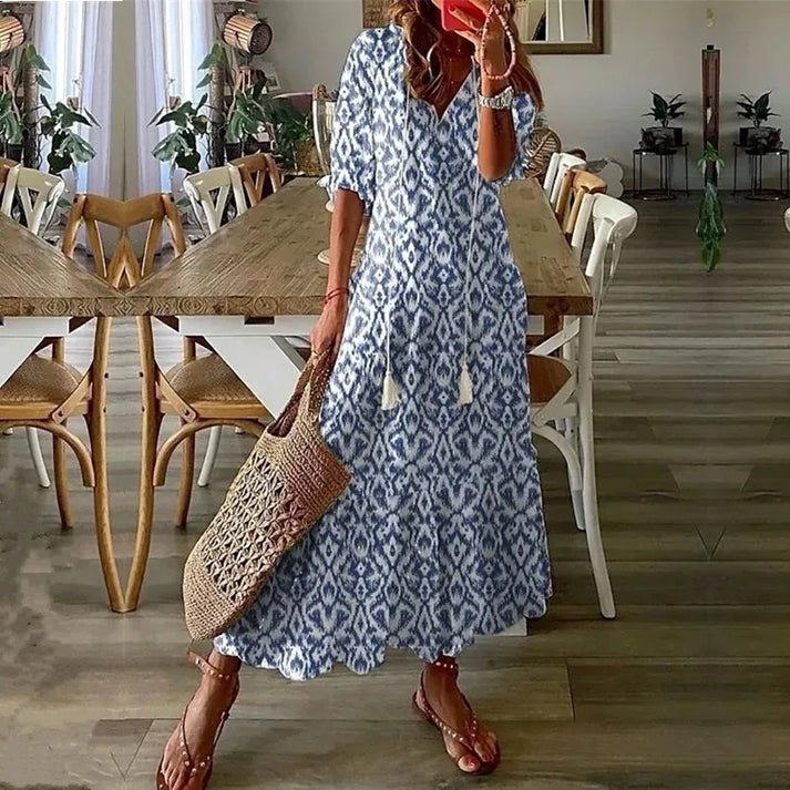 Lange zomerjurk met korte mouwen en losse boho stijl