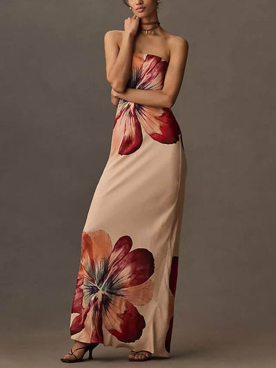 Strapless maxi-jurk met opvallende bloemenprint voor een elegante zomerse uitstraling