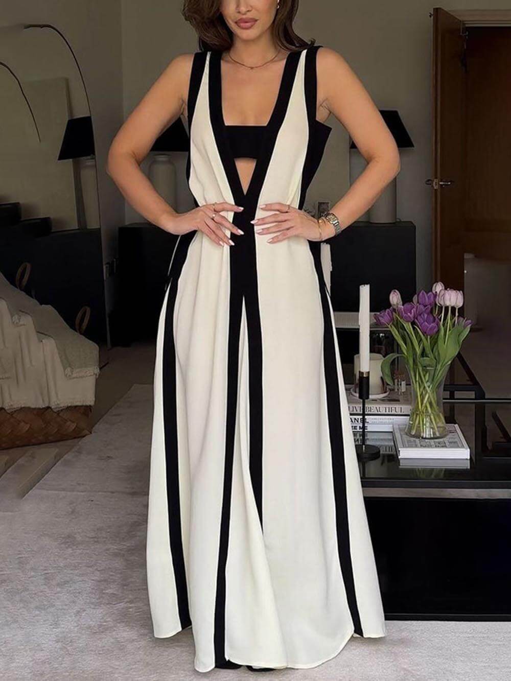 Carolina - Vloeiende, oversized maxi-jurk met zelfbinder in contrasterende kleur