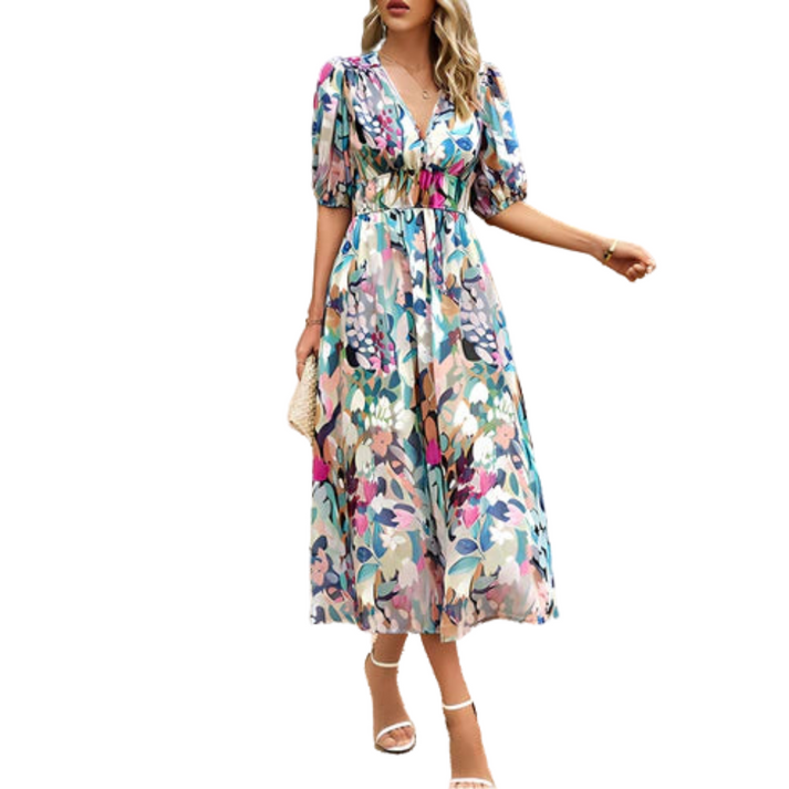 Zomerse midi jurk met korte pofmouwen en elegante uitstraling