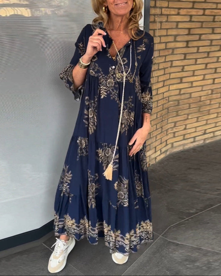 Vintage dames maxi jurk met V-hals en losvallend silhouet