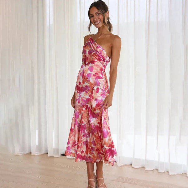Midi jurk met bloemenprint en asymmetrische schouderlijn