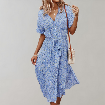 Zomerse midi jurk met korte mouwen en bloemenmotief voor dames