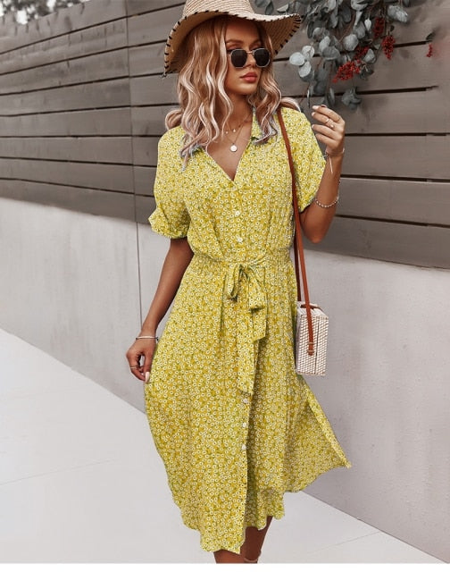 Boho midi jurk met korte mouwen knoopsluiting en v hals