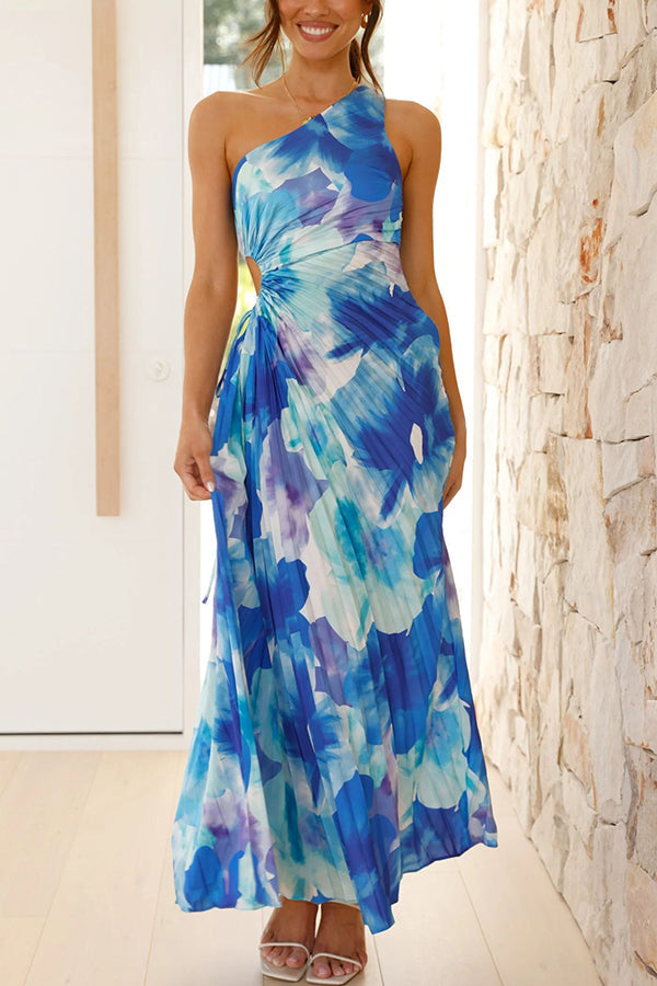 Elegante maxi jurk met plooien en asymmetrische schouderlijn