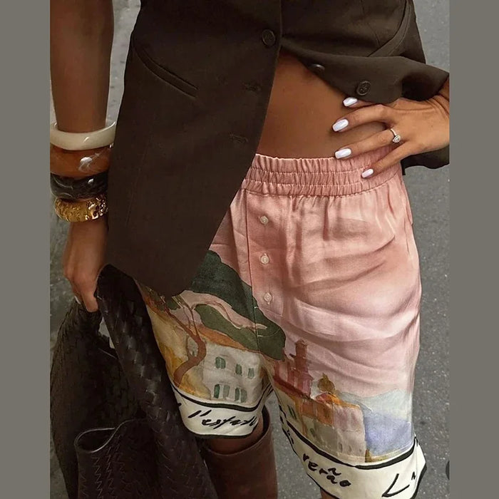 Zomers dames set met lange mouwen blouse en korte broek met print