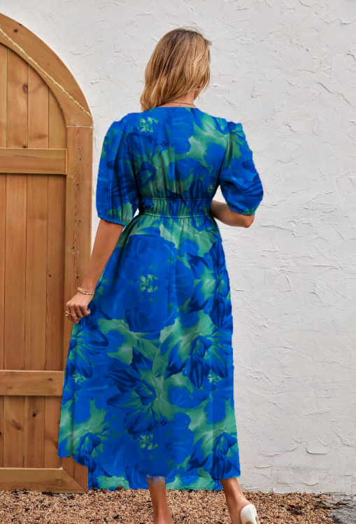 Elegante damesjurk in A-lijn met bloemenmotief en korte mouwen