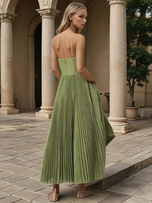 Midi-jurk met geplooide afwerking en korsetlook met fijne bandjes voor een elegante uitstraling