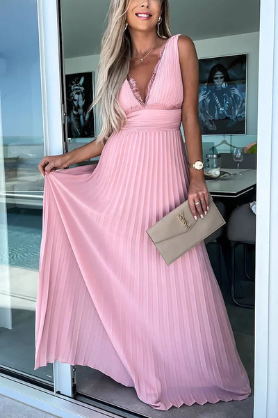 Elegante maxi jurk met geplooide v hals en kanten afwerking