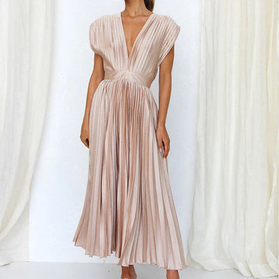Elegante midi jurk met plooien v hals en korte mouwen