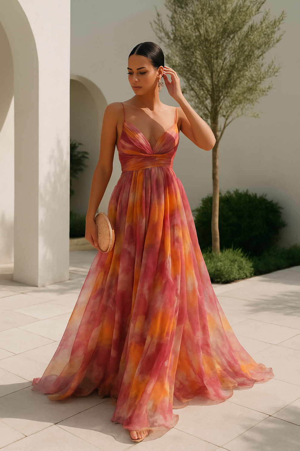 Elegante maxi jurk met dunne bandjes en artistiek bloemenmotief
