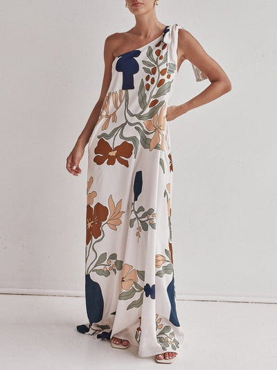 Asymmetrische damesjurk met print en vloeiende maxi lengte voor zomerse momenten