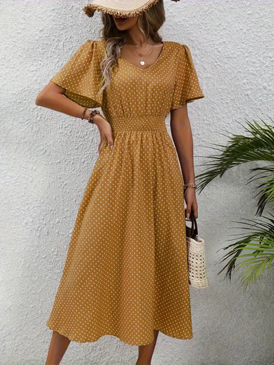Carolina - Allover Print Shirred Waist Dress, Casual Jurk met Korte Mouwen