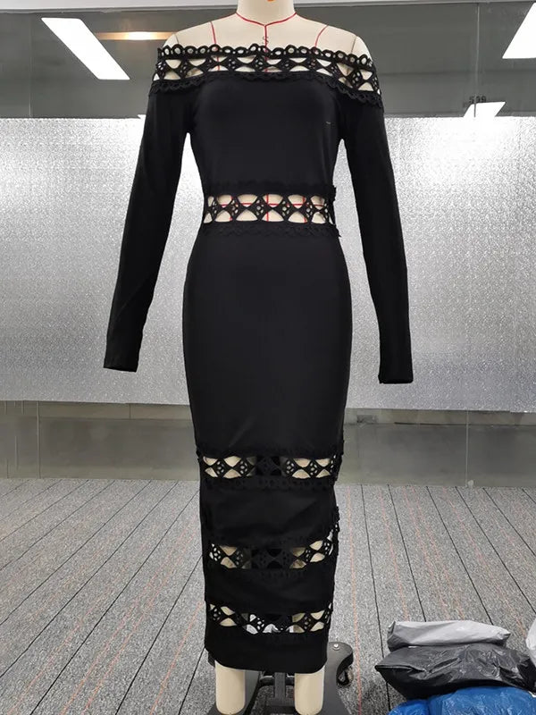 Getailleerde midi-jurk met lange mouwen, open details en off-shoulder ontwerp voor een stijlvolle uitstraling