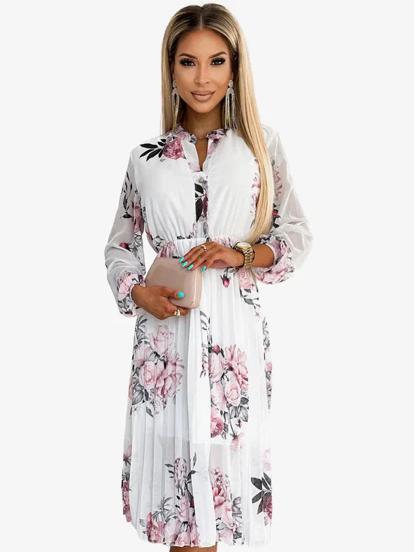Stijlvolle jurk met bloemenprint en diepe halslijn voor een elegante uitstraling