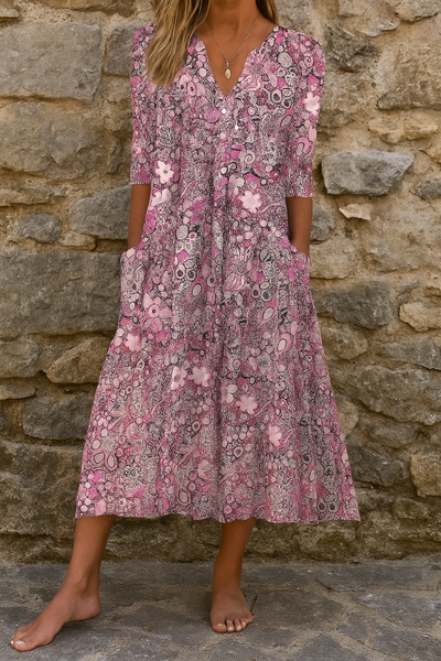Elegante midi jurk met korte mouwtjes en v hals