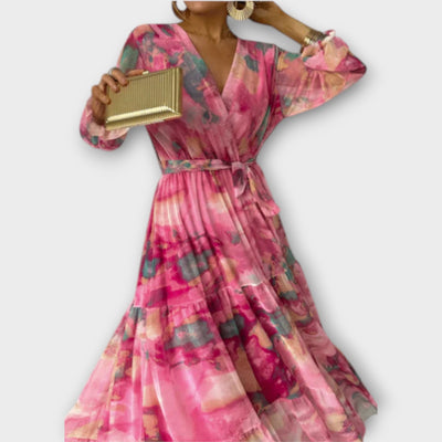 Delicate bloemen zomer maxi jurk met lange mouwen en riem
