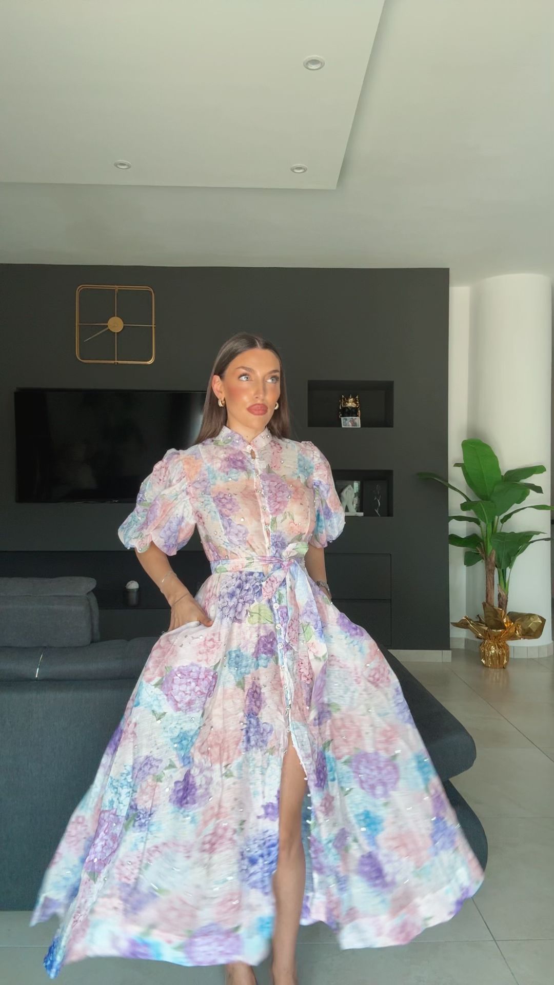 Boho maxi jurk met knopen ceintuur en wijde korte mouwen