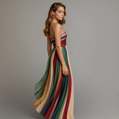 Elegante strapless maxi jurk met plooien en verloop effect