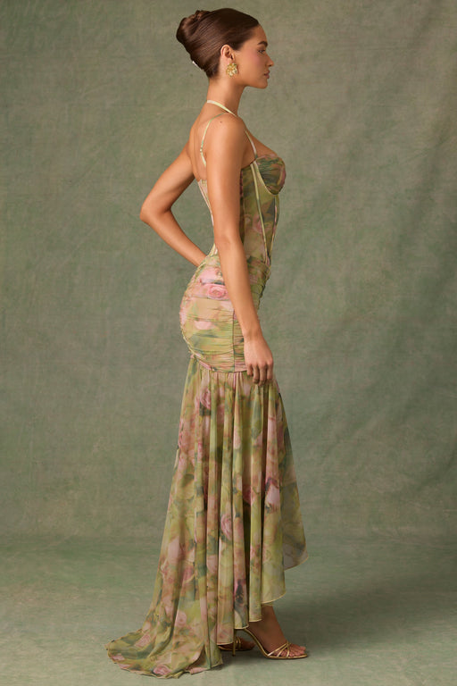 Asymmetrische maxi jurk met smalle bandjes en verfijnde print