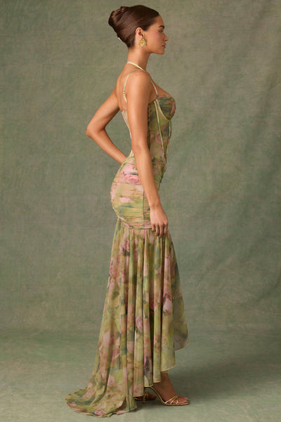 Asymmetrische maxi jurk met smalle bandjes en verfijnde print