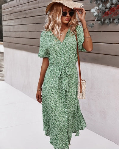 Boho midi jurk met korte mouwen knoopsluiting en v hals