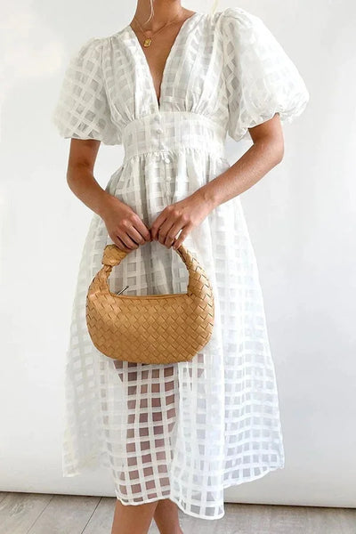 Nicole - Midi jurk met vierkante print en mouwen met ruches by Beauty