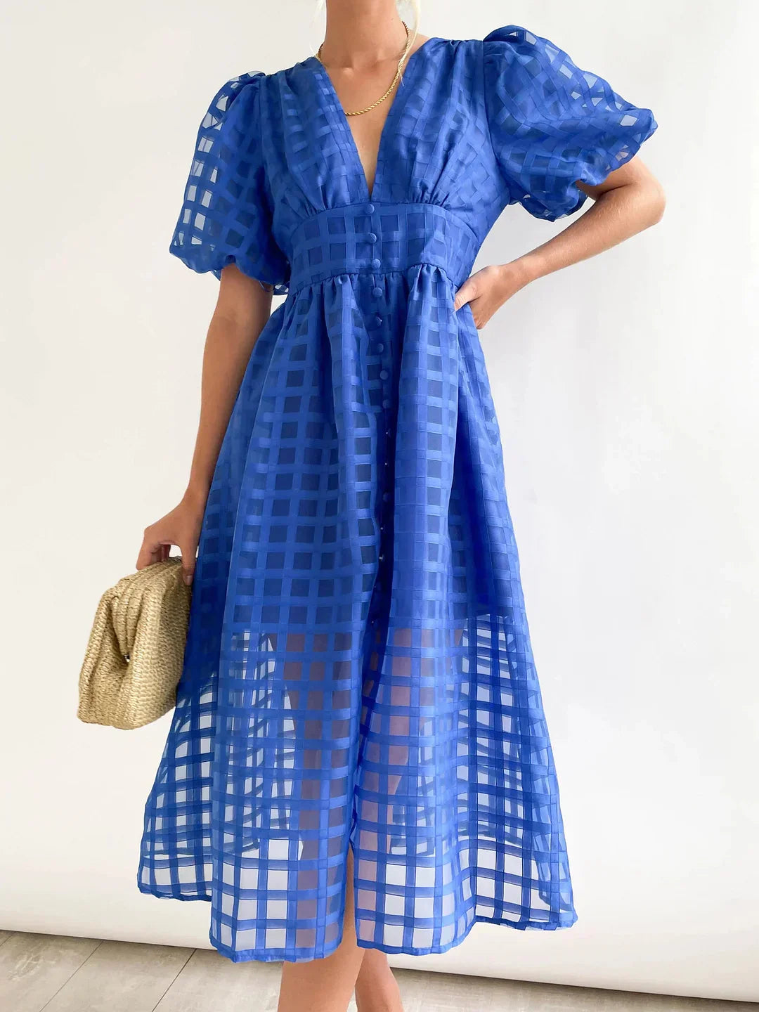 Nicole - Midi jurk met vierkante print en mouwen met ruches by Beauty