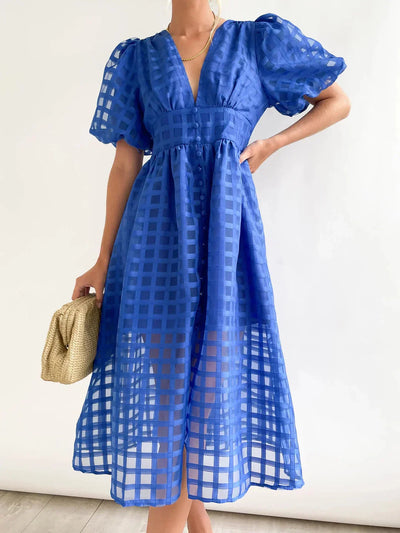 Nicole - Midi jurk met vierkante print en mouwen met ruches by Beauty