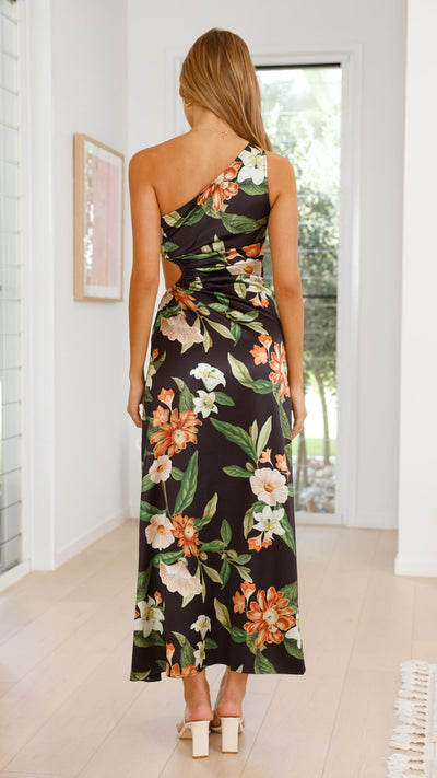 Zomerse lange jurk met één schouder en hoge hals met bloemenprint