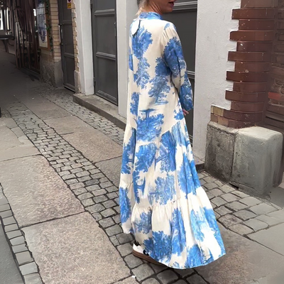 Lange damesjurk met wijde pasvorm en lange mouwen in boho stijl