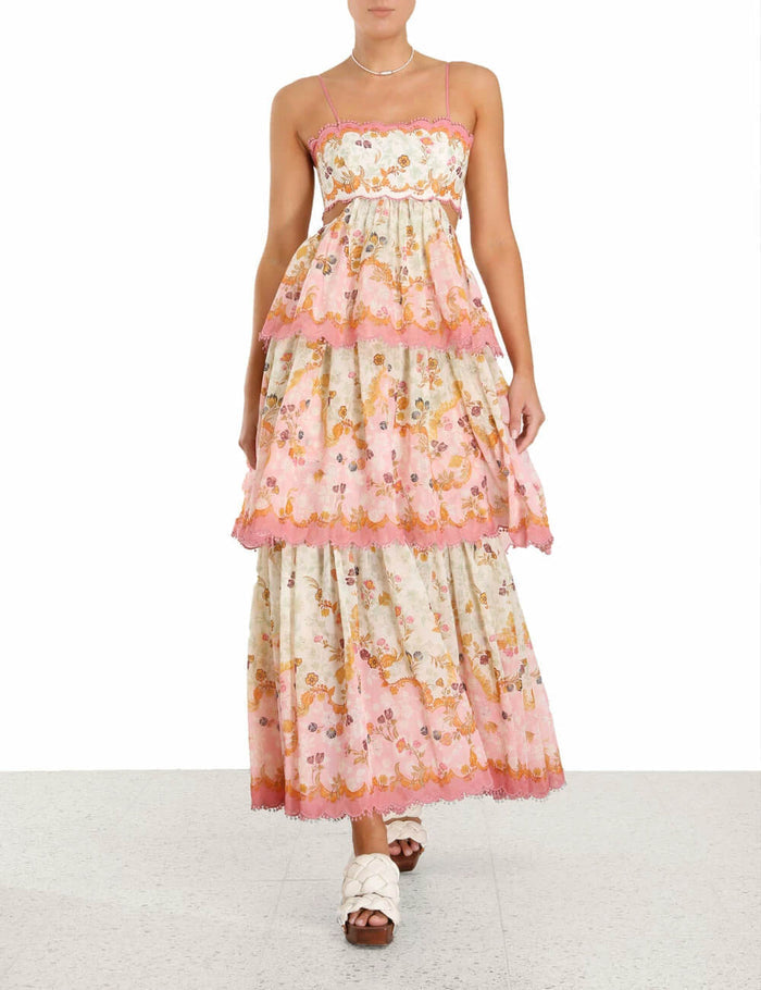 Bloemenjurk met spaghettibandjes en tiered ruffle zoom in maxi lengte