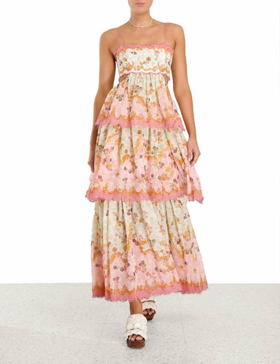 Bloemenjurk met spaghettibandjes en tiered ruffle zoom in maxi lengte