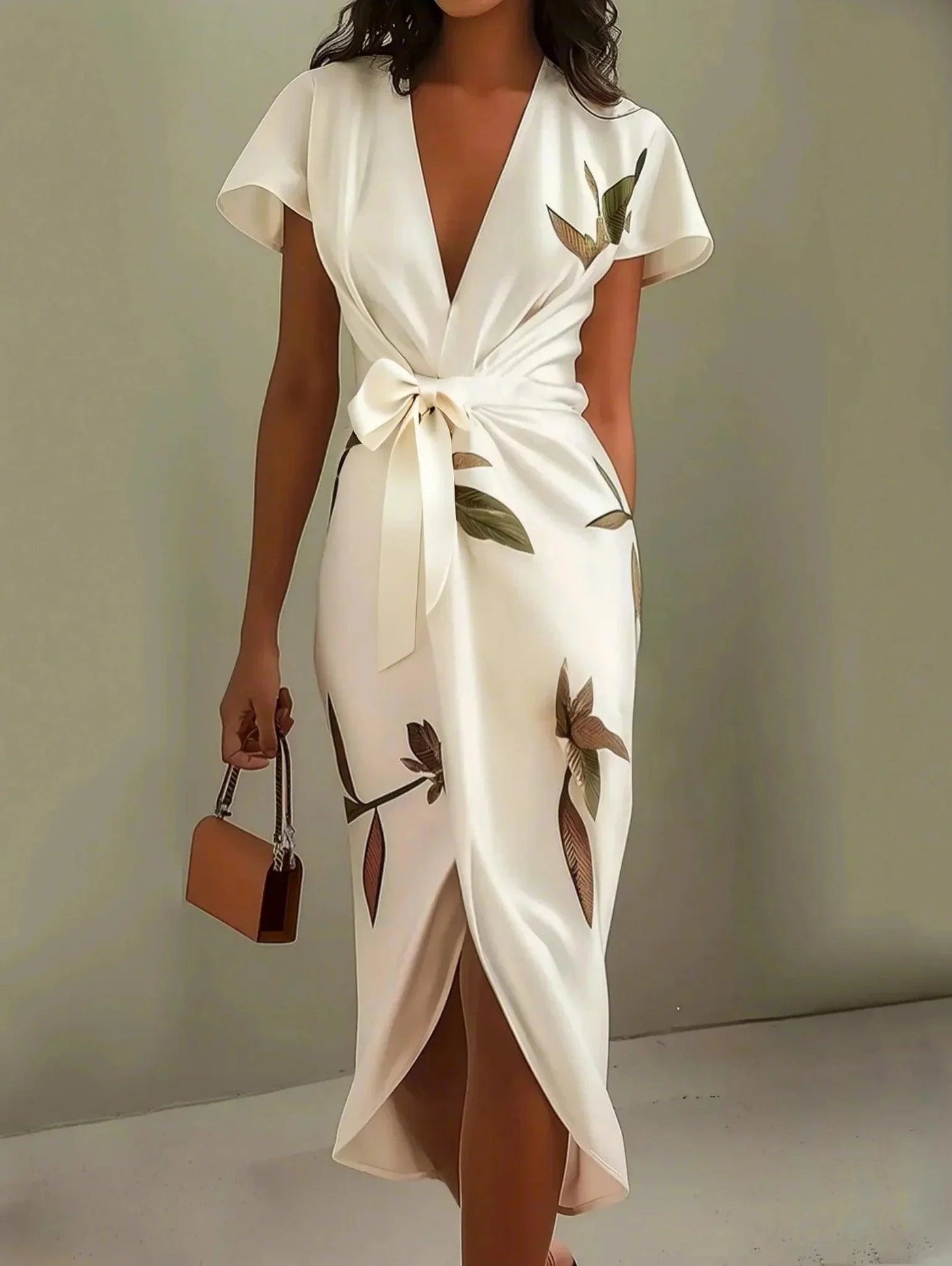 Elegante midi overslagjurk met bladprint v hals en korte mouwen