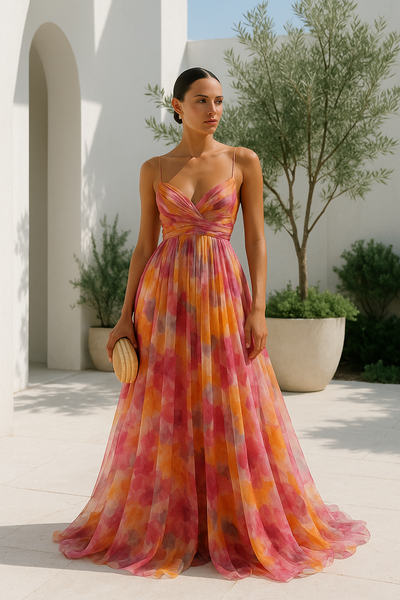 Elegante maxi jurk met dunne bandjes en artistiek bloemenmotief