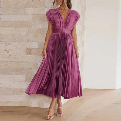 Elegante midi jurk met plooien v hals en korte mouwen