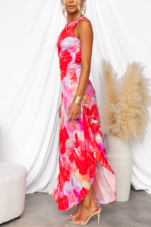 Elegante geplooide zomerjurk met asymmetrische schouderlijn