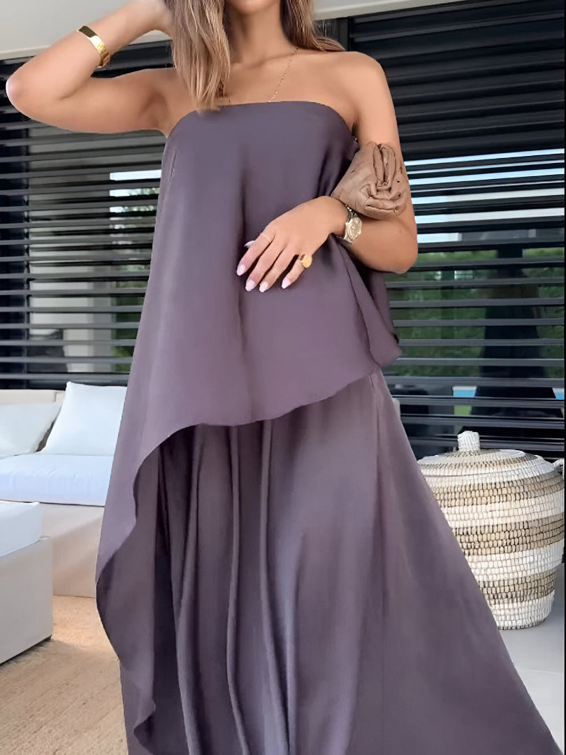 Tweedelige damesset met elegante strapless top en aansluitende rok voor een verfijnde look
