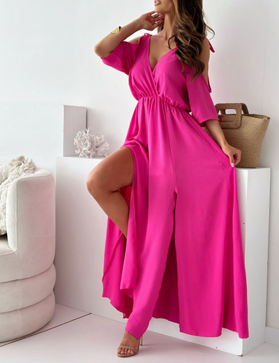 Maxi jurk met diepe v hals en open mouwen