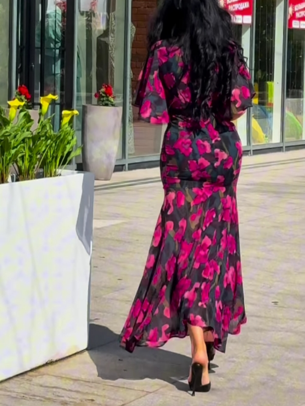 Retro lange jurk met bloemenprint en wijde mouwen