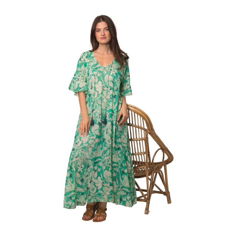 Elegante boho maxi jurk met wijde pasvorm en korte mouwen