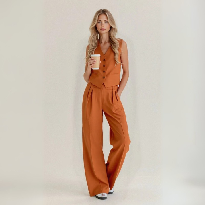 Vrouwenset met stijlvolle gilet met knopen en bijpassende broek