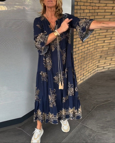Vintage dames maxi jurk met V-hals en losvallend silhouet
