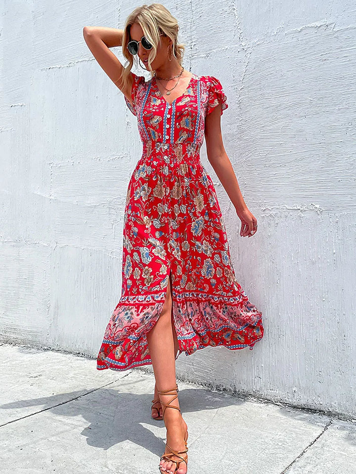 Elegante midi jurk zonder mouwen met bloemenpatroon