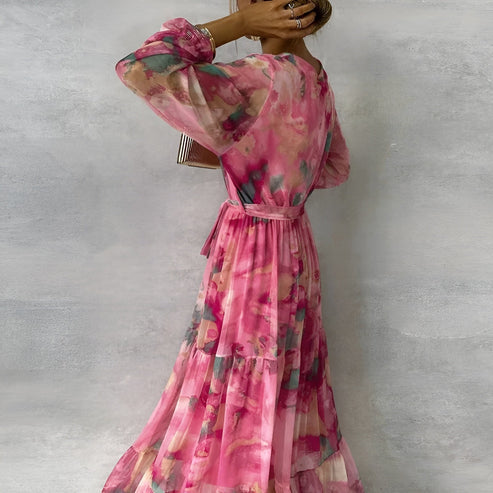 Lange overslagjurk met aquarel bloemenprint en lange mouwen voor een elegante look