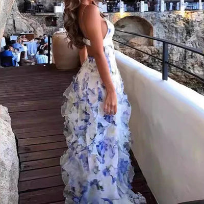 Zomerse maxi jurk met bloemenpatroon ruches en fijne bandjes voor een speelse look