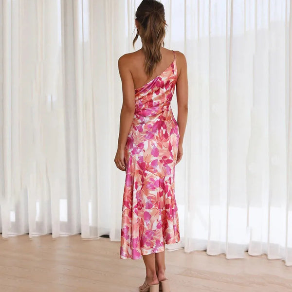 Midi jurk met bloemenprint en asymmetrische schouderlijn